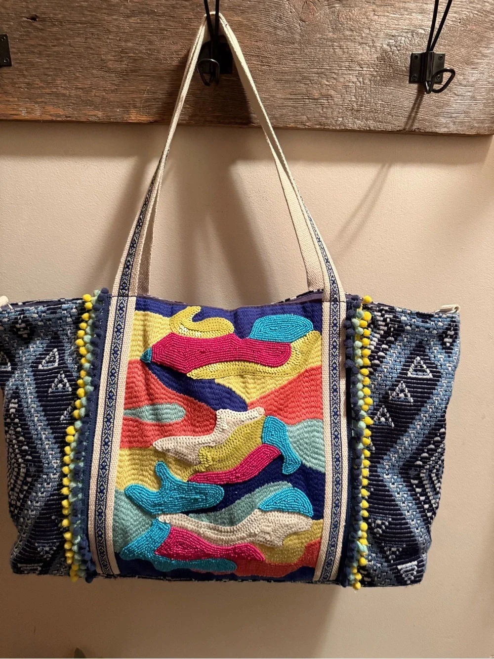 America and Beyond Embellished Sequins And Beads Blue Pink And Yellow Zip Tote